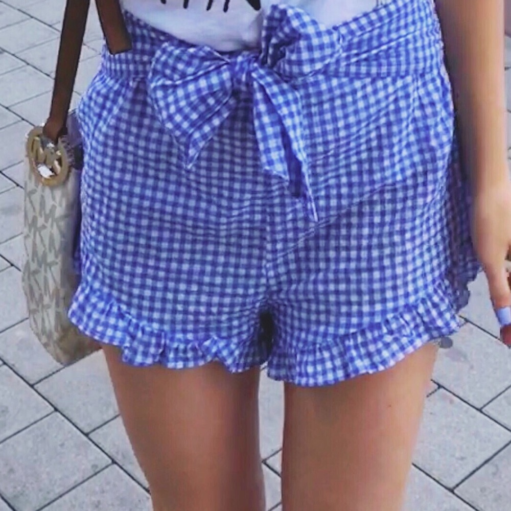 H&M Blue Gingham Bow High Waisted Shorts